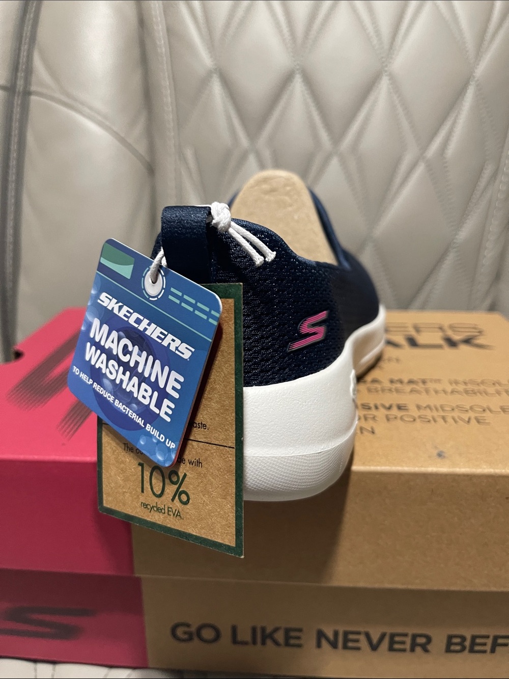Skechers Navy Slip-On Memory Foam Walking Sneakers with White Sole - Picture 4 of 11